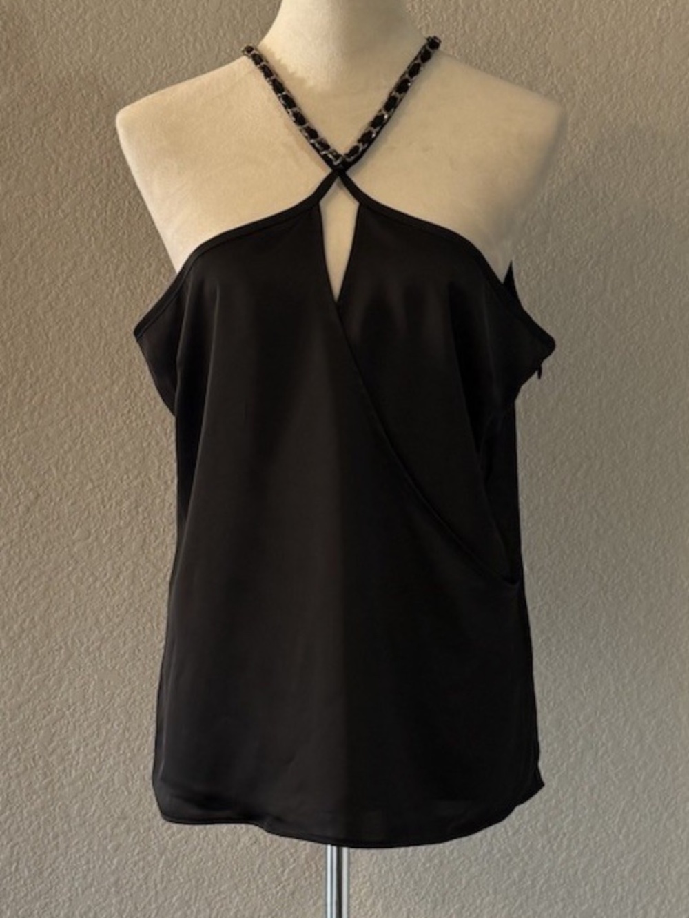 Cache Womens Medium Black Satin Halter Top Gold Chain Keyhole Evening